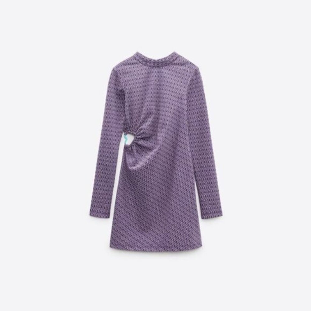 NWT Zara lilac jacquard print cut out back, heart detail side short dress, L